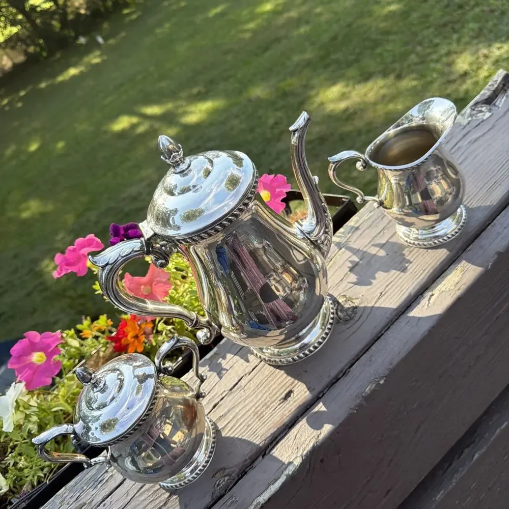 Vintage Art Silver Co SPC 7500 Silverplate 3 Pc Tea Coffee Set 1930s 1940s Art
